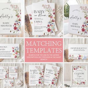May include: A collection of baby shower stationery featuring floral designs. Includes welcome signs, invitations, and signs for books, diaper raffle, and thank you notes. The designs feature watercolor flowers in pink, red, and blue.