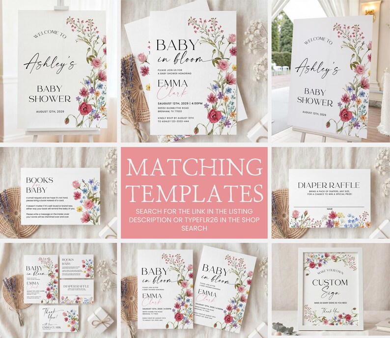May include: A collection of baby shower stationery featuring floral designs. Includes welcome signs, invitations, and signs for books, diaper raffle, and thank you notes. The designs feature watercolor flowers in pink, red, and blue.
