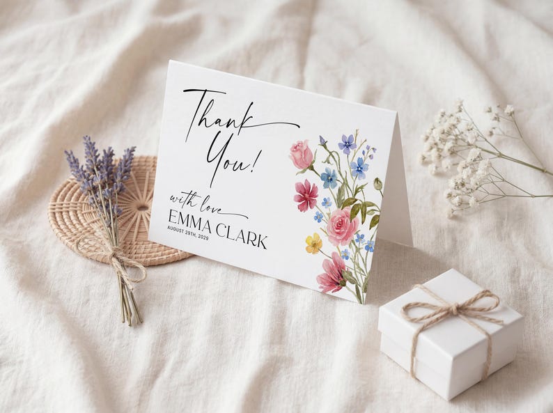 Collection of matching baby shower stationery designs including an invitation, diaper raffle ticket, books for baby card, and thank you note, all featuring a watercolor wildflower theme.
