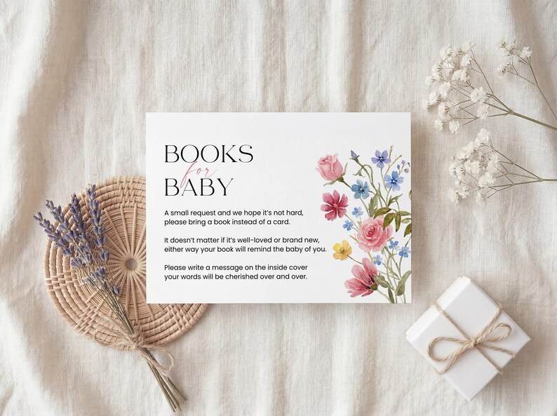 Collection of matching baby shower stationery designs including an invitation, diaper raffle ticket, books for baby card, and thank you note, all featuring a watercolor wildflower theme.