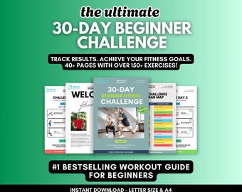Desafío de fitness de 30 días para principiantes • Plan de entrenamiento diario de 60 minutos • Programa de ejercicios con mancuernas y peso corporal • Planificador de fitness imprimible en PDF
