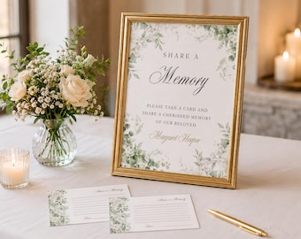 Plantilla de letrero y tarjetas para compartir un recuerdo para libro de visitas alternativo para celebración de vida funeraria Decoración de mesa conmemorativa imprimible y editable en Canva