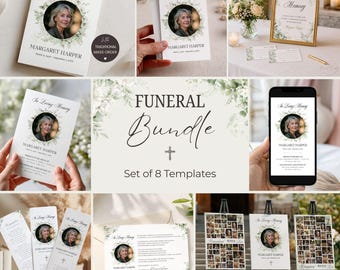 Paquete editable de programa funerario, plantilla para celebración de la vida, invitación funeraria, póster conmemorativo, tarjeta de oración, plantilla de Canva, descarga instantánea.