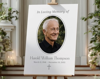 Plantilla imprimible para póster funerario Canva Tablero conmemorativo de celebración de vida editable con fotos Conjunto de letreros de bienvenida para collage de fotos fácil de usar