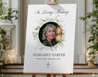 Plantilla editable para cartel funerario Celebración de la vida Tablero de fotos conmemorativo Canva Juego imprimible de 3 Letrero de bienvenida para funeral católico