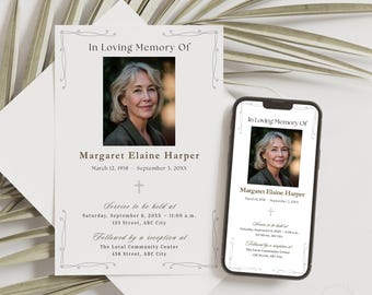 Plantilla elegante para anuncio de funeral, invitación a celebración de vida, Canva Funeral Evite, anuncio conmemorativo digital, tarjeta de descarga instantánea