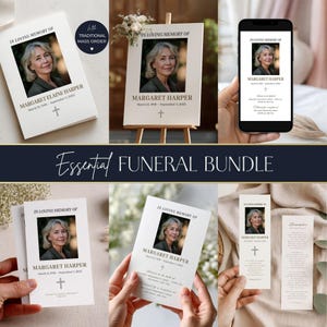 Puede incluir: Un paquete funerario esencial con tarjetas conmemorativas, un letrero y un marcapáginas. Cada artículo muestra un retrato de Margaret Harper, con sus fechas de nacimiento y fallecimiento, y una cruz. Incluye una maqueta de teléfono.