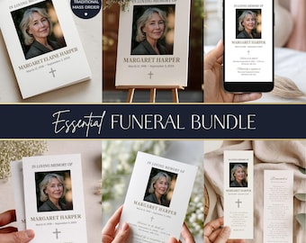 Paquete de plantillas funerarias elegantes y editables en Canva. Plantilla funeraria para celebración de la vida. Conjunto de papelería funeraria DIY. Descarga instantánea.