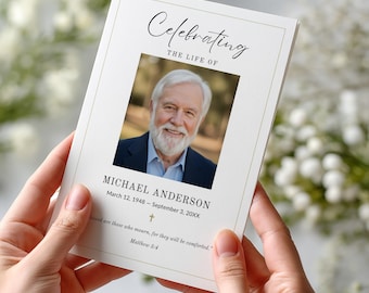 Elegante plantilla de programa funerario cristiano editable en Canva. Servicio conmemorativo imprimible con escrituras. Descarga instantánea.