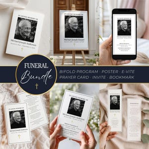May include: A funeral bundle with a portrait of a man and the words "In Loving Memory Of." The set includes a bifold program, poster, e-vite, prayer card, invite, and bookmark. The design is white with gold detailing.