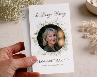 Plantilla de tarjeta de oración funeraria floral imprimible Canva Tarjetas de oración conmemorativas editables con foto Versículos bíblicos Descarga instantánea Personalizada
