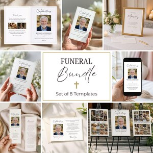 May include: A funeral bundle with eight templates. The templates include memorial cards, a sign, and a phone display. The cards feature a photo of a man and the text "Celebrating the Life of". The bundle includes a cross symbol.