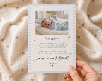 Plantilla editable de tarjeta "¿Quieres ser mi padrino?" en Canva. Tarjeta imprimible para propuesta de padrino/madrina para niño. Descarga instantánea.