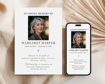 Plantilla personalizable para anuncio de funeral en Canva, invitación editable para celebración de la vida, memorial digital en Evite, aviso de defunción personalizado.