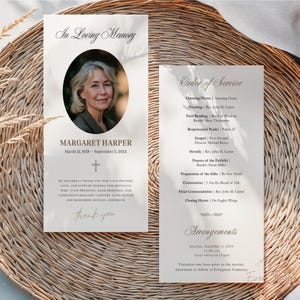 May include: A funeral program set featuring a portrait of Margaret Harper in an oval frame, with the text In Loving Memory, dates, and a cross. The second card displays an Order of Service with details for a memorial ceremony and arrangements.
