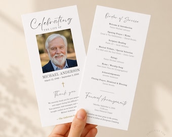 Plantilla de programa funerario a doble cara editable en Canva. Programa funerario de 2 páginas. Programa conmemorativo. Celebración de la vida. Plantilla de obituario imprimible.