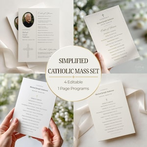 Op de afbeelding: Een set van vier bewerkbare katholieke misprogramma's. Elk programma bevat een kruis, de naam "Michael Joseph Anderson" en de tekst "Orde van Dienst". De programma's zijn gedrukt op crèmekleurig papier.