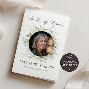 May include: A memorial card with the text "In Loving Memory" and a photo of a woman surrounded by a floral wreath. The card includes the name "Margaret Harper" and dates. A circular sticker reads "With Traditional Mass Order."
