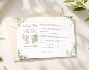 Plantilla de tarjetas de agradecimiento funerarias florales en Canva, editable e imprimible, notas de agradecimiento por condolencias en memoria de un difunto cristiano. Celebración de la vida.