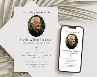 Plantilla minimalista para anuncio de funeral en Canva. Invitación editable para celebración de la vida. Invitación digital sencilla para funeral conmemorativo.