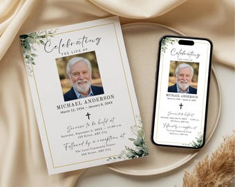 Plantilla de anuncio funerario con motivos vegetales Canva Invitación a la celebración de la vida Memorial digital Evite Anuncio de obituario Descarga instantánea