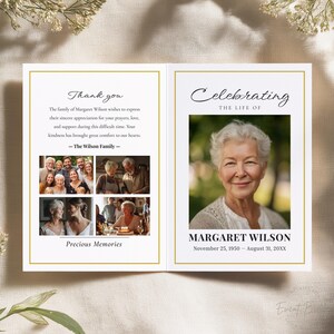 Editable Funeral Program Bi-fold Template with Photo Collage Obituary Memorial Program Canva Instant Download Elegant Gold Design A4 Letter