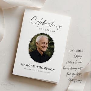 Modelo elegante de programa funerário dobrável em Canva com exemplo de obituário, ordem de serviço, brochura memorial editável, PDF para celebração da vida