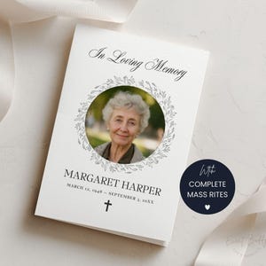 May include: A memorial card with the text "In Loving Memory" above a photo of a woman in a circular floral frame. The card includes the name "Margaret Harper", dates, a cross, and a navy blue circle with the text "With Complete Mass Rites".