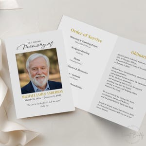 Modello di necrologio pieghevole in formato Canva per programma funebre fotografico, Ordine del servizio, Opuscolo commemorativo cristiano con Salmo modificabile, Download immediato