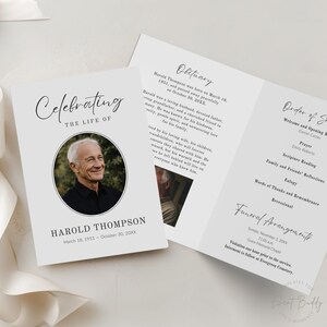 Elegant Funeral Program Bi-fold Canva Template with Obituary Sample Order of Service Memorial Brochure Editable Celebration of Life PDF