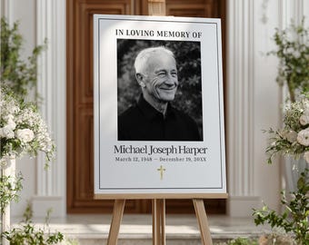 Plantilla editable de cartel de bienvenida funeraria en Canva. Póster imprimible de celebración conmemorativa de la vida. Tablero de exhibición de collage de fotos en memoria de un ser querido.