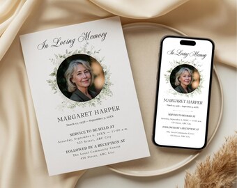 Plantilla de anuncio funerario floral Canva Anuncio conmemorativo imprimible Aviso de defunción Tarjeta de obituario Descarga instantánea Invitación personalizada