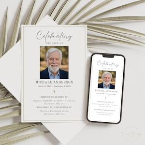 May include: A memorial card and a smartphone displaying a similar design. The card features a photo of a man, the text "Celebrating the Life of Michael Anderson," and service details. The smartphone shows the same design.