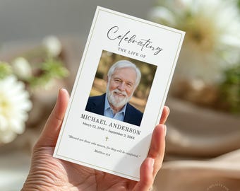 Plantilla editable de tarjeta de oración funeraria con marco dorado y cruz. Tarjetas de oración conmemorativas imprimibles en Canva (tamaños 2x3.5, 3x5, 5x7). Descarga instantánea.