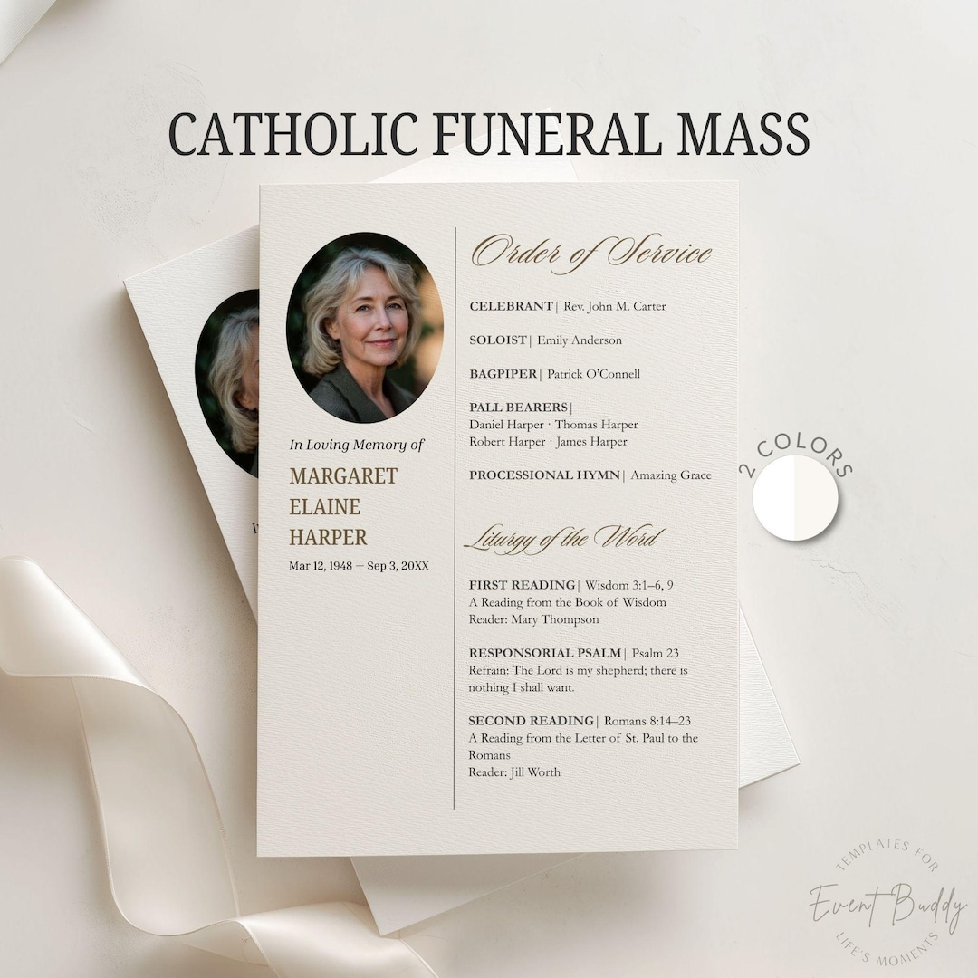 2 Page Catholic Funeral Program Template Editable in Canva Traditional ...