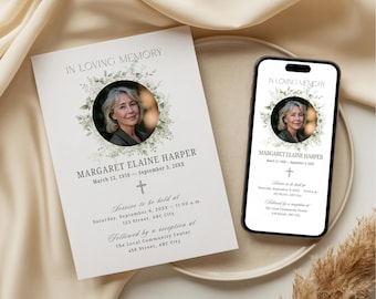 Plantilla de anuncio funerario floral Invitación a la celebración de la vida Descarga digital Canva Memorial Evite Invitación telefónica Aviso Tarjeta funeraria