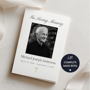 Puede incluir: Una tarjeta conmemorativa con el texto "In Loving Memory" sobre una foto en blanco y negro de un hombre sonriente. La tarjeta incluye el nombre "Michael Joseph Anderson", fechas y una cruz dorada.