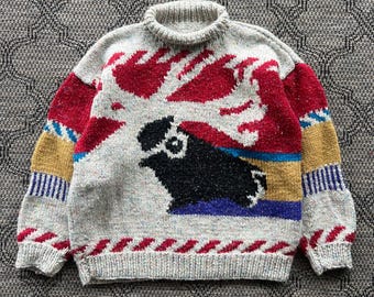 Vintage Caribou Sweater Womens XL Multicolor Chunky Hand Knit Roll Neck Arcylic