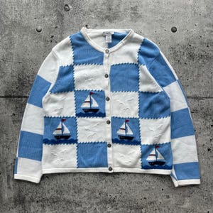 Vintage Northern Reflections Pullover Damen XL Blau Nautisches Segelboot-Strickjacke
