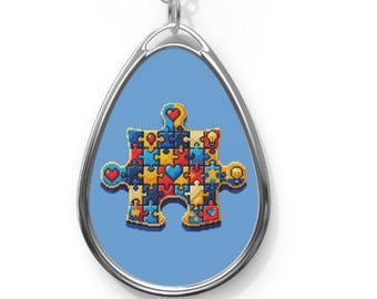 自閉症啓発パズルティアドロップオーバルネックレス｜ジグソーパズルピースペンダント、背景をお選びください