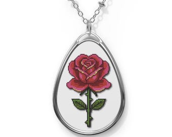 レッドピクセルローズオーバルネックレス｜ティアドロップペンダント、フローラルジュエリー｜レトロ8ビットフラワー