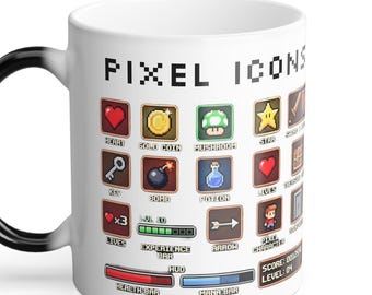 Taza con iconos de juegos pixelados / Color transformable 325 ml, color blanco, diversión retro de videojuegos