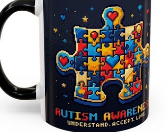 Autism Awareness Puzzle Heart Mug | Accent Coffee Mug 11oz | Retro Pixel Design