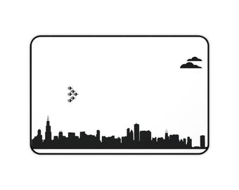 Alfombrilla de escritorio con el horizonte de la ciudad de Chicago / Alfombrilla de ratón minimalista con el horizonte en blanco y negro.