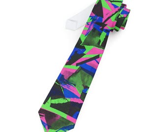 ネオン抽象幾何学模様ネクタイ | 90年代のレトロなパターン、鮮やかな色彩