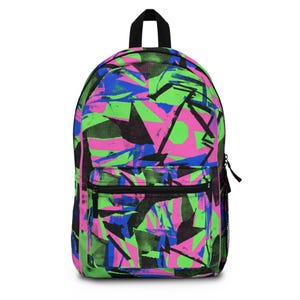 Può includere: Uno zaino con un vivace design astratto. Lo zaino presenta una cerniera, un manico e spallacci neri. Il motivo include forme geometriche verde neon, rosa, blu e nere. Lo zaino ha una tasca frontale e una tasca laterale in rete.