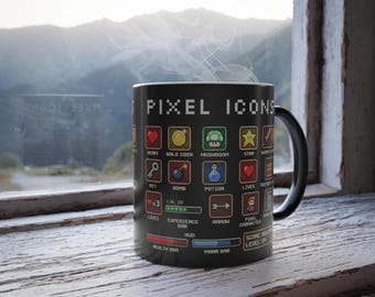 Taza con iconos de juegos pixelados / Color Morphing 11oz Color Negro Retro Gaming