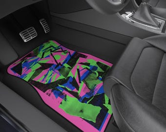 90年代ネオン抽象コラージュカーフロアマット | レトロアーケードスタイルパターン 2枚セット。