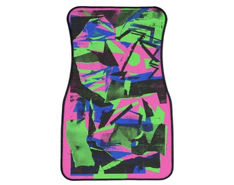 90年代ネオンアブストラクトコラージュカーフロアマット | レトロアーケードスタイルパターン | 個別ピース