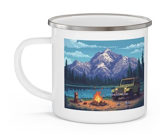 Mountain Jeep Camp Scene Enamel Mug | Personalized Name Option